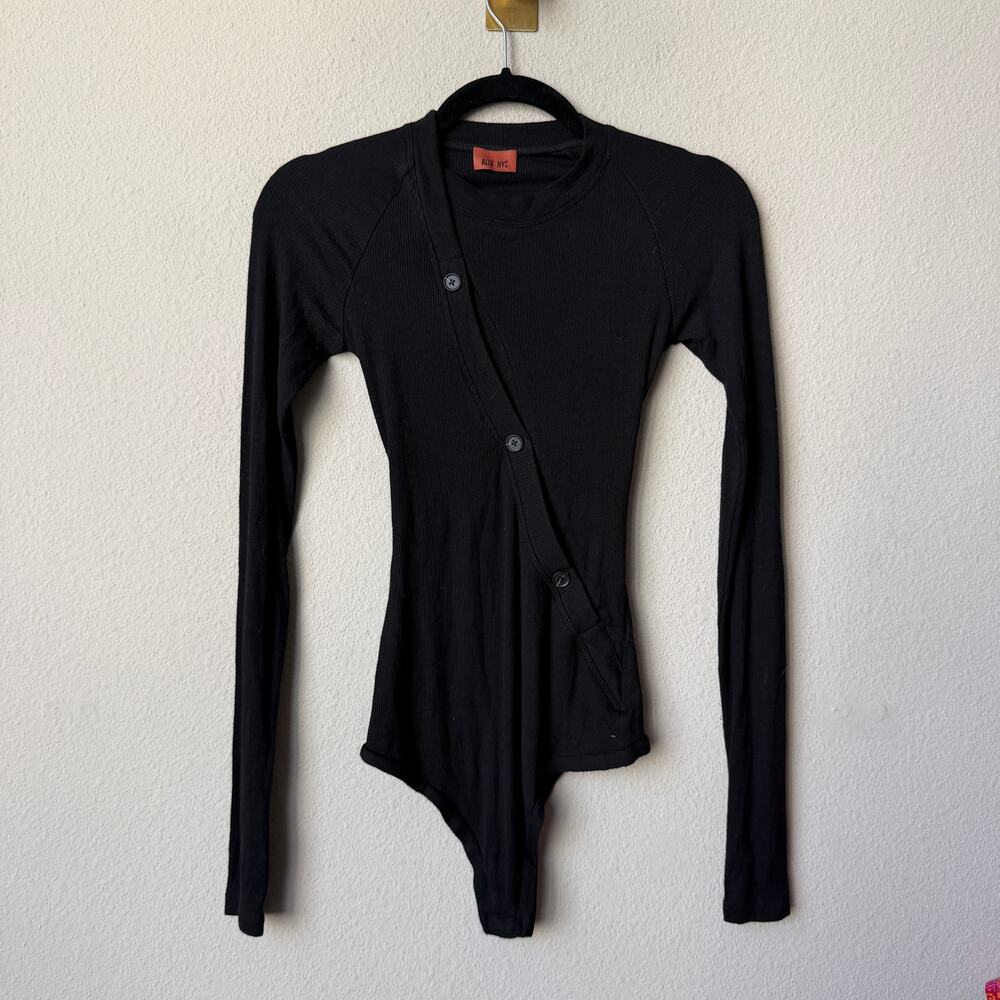 Alix NYC Pearson Black Bodysuit Ribbed Asymmetric Button Size S - Picture 3 of 7